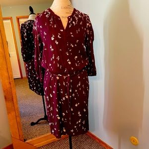 Burgundy print rayon dress with waist tie.